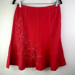 Sag Harbor Petite Red Linen Blend A Line Skirt Floral Applique Size 8P‎